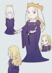  1girl blonde_hair closed_mouth commentary_request crown daida dress frown genderswap genderswap_(mtf) grey_background long_hair looking_down multiple_views nikomi_(nikomix) ousama_ranking pointy_nose purple_dress sidelocks standing veil wide_sleeves 