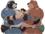  2022 anthro belly bhtoss blue_body brown_body bulge clothing cute_fangs group hi_res human humanoid_hands kemono male male/male mammal mask moobs overweight overweight_male simple_background sports_mask sportswear underwear ursid white_background wrestler wrestling_mask 