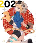  1girl 2022 animal_ears animal_hands artist_name asa_no_ha_(pattern) bangs blue_jacket boots commentary earrings english_text fangs gloves grey_eyes grey_footwear happy_new_year highres jacket jewelry kneeling leotard light_brown_hair long_sleeves looking_at_viewer looking_back machi_(wm) new_year open_mouth original paw_gloves short_hair shrug_(clothing) signature skull_cap smile solo tail thigh_strap tiger_ears tiger_girl tiger_tail white_leotard 