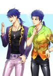  2boys alternate_costume animal_print blue_hair bracelet changye cigarette cu_chulainn_(fate) cu_chulainn_(fate/prototype) cu_chulainn_(fate/stay_night) dual_persona earrings fate/grand_order fate_(series) hair_between_eyes hawaiian_shirt holding holding_cigarette jewelry leather leather_pants leopard_print long_hair male_focus multiple_boys necklace pants ponytail red_eyes ring shiny shiny_clothes shirt snake_print 