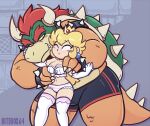  2019 anthro bitebox64 blonde_hair bottomwear bowser boxer_briefs breasts claws cleavage clothed clothing crown duo female female_on_anthro hair happy hi_res horn human human_on_anthro interspecies larger_anthro larger_male legwear lingerie male male/female male_on_human mammal mario_bros nintendo one_eye_closed orange_body orange_scales panties pattern_bottomwear pattern_clothing pattern_panties pattern_underwear princess_peach red_hair scales shell size_difference smaller_female smaller_human smile spiked_shell spikes spikes_(anatomy) stockings striped_bottomwear striped_clothing striped_panties striped_underwear stripes thigh_highs topless underwear video_games wink 