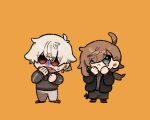  2boys ahoge aran_sweater bangs black_footwear black_jacket black_pants blue_eyes brown_hair chibi eyes_visible_through_hair fang grey_hair grey_pants grey_sweater hair_over_one_eye hands_up jacket kanae_(nijisanji) kiduta_cielo kuzuha_(nijisanji) long_hair low_ponytail male_focus multiple_boys nijisanji open_clothes open_jacket open_mouth orange_background pants ponytail red_eyes red_footwear simple_background slippers standing sweat sweater teardrop track_jacket turn_pale virtual_youtuber 