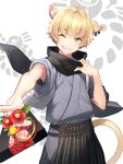  1boy aguro_re agushingu! animal_ears blonde_hair bouquet cat_boy cat_ears cat_tail dosei flower gift green_eyes highres japanese_clothes one_eye_closed pale_skin tail virtual_youtuber 