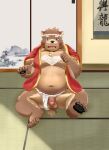  2022 anthro asian_clothing balls beadoitsu belly black_nose blush brown_body brown_fur clothing clothing_aside east_asian_clothing flaccid fundoshi fundoshi_aside fur genitals hi_res humanoid_genitalia humanoid_hands humanoid_penis japanese_clothing kemono male mammal moobs navel nipples overweight overweight_male penis sitting solo underwear underwear_aside ursid white_clothing white_fundoshi white_underwear young 