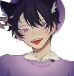  1boy animal_ear_fluff animal_ears bangs beret black_hair cat_boy cat_ears collared_shirt commission english_commentary genderswap genderswap_(ftm) hand_in_hair hat highres indie_virtual_youtuber lebonae male_focus open_mouth portrait purple_eyes purple_headwear purple_sweater second-party_source shimotsuki_miri shirt smile solo sweater tongue tongue_out virtual_youtuber white_background white_shirt 