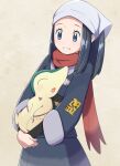  1girl absurdres akari_(pokemon) black_hair black_shirt commentary_request cyndaquil eyelashes grey_eyes grey_jacket head_scarf highres holding holding_pokemon jacket kamidan long_hair looking_down pokemon pokemon_(creature) pokemon_(game) pokemon_legends:_arceus red_scarf scarf shiny shiny_hair shirt sidelocks smile white_headwear 