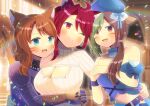  3girls :d ;) ahoge animal_ear_fluff animal_ears bangs bare_shoulders beret blue_bow blue_headwear blue_shirt blurry blurry_background blush bow breasts brown_hair cat_ears cleavage cleavage_cutout closed_mouth clothing_cutout collarbone commentary_request commission depth_of_field eyebrows_visible_through_hair final_fantasy final_fantasy_xiv girl_sandwich gloves green_eyes green_hair hair_over_one_eye hand_on_another&#039;s_hip hat head_tilt indoors juliet_sleeves kou_hiyoyo long_sleeves medium_breasts miqo&#039;te multicolored_hair multiple_girls one_eye_closed puffy_short_sleeves puffy_sleeves purple_gloves red_eyes red_hair ribbed_sweater sandwiched shirt short_sleeves skeb_commission smile sweater turtleneck turtleneck_sweater two-tone_hair upper_body white_sweater 
