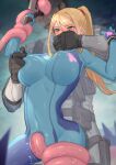  1boy 1girl aizenpochi aqua_eyes blonde_hair blush bodysuit breasts covered_mouth covered_navel covered_nipples covering_mouth cowboy_shot deep_skin full-face_blush gloves grabbing grabbing_from_behind groping gun hand_over_another&#039;s_mouth impossible_bodysuit impossible_clothes large_breasts long_hair looking_at_breasts metal_gear_(series) metroid nipple_tweak ponytail samus_aran sidelocks solid_snake struggling super_smash_bros. tentacles tsurime twitching weapon zero_suit 