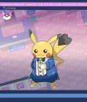  :3 black_eyes blue_bow blue_bowtie blue_pants bow bowtie buttons closed_mouth clothed_pokemon commentary copyright_name dreambig eyelashes full_body gloves highres long_sleeves no_humans outline pants pikachu pokemon pokemon_(creature) screencap_inset smile solo tailcoat watermark white_gloves 