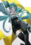  1girl aqua_eyes aqua_hair black_bodysuit blazpu bodysuit cowboy_shot crop_top crop_top_overhang crypton_future_media flag flagpole goodsmile_racing hatsune_miku headphones highres holding holding_flag holding_pole long_hair open_mouth pole racing_miku racing_miku_(2022) smile solo twintails vocaloid 