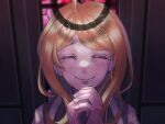  1girl ahoge akamatsu_kaede bangs blonde_hair closed_eyes closed_mouth commentary_request crying danganronpa_(series) danganronpa_v3:_killing_harmony facing_viewer grey_shirt hair_ornament hands_up iwashi_(kamekazusa) long_hair musical_note_hair_ornament own_hands_together pink_vest portrait shadow shiny shiny_hair shirt smile solo vest 