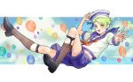  1boy achilles_(fate) balloon changye dixie_cup_hat falling fate/grand_order fate_(series) green_hair hat kneehighs male_focus military_hat sailor sailor_collar shorts sock_garters solo 
