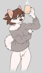  2022 anthro bottomless canid canine canis casual_exposure clothed clothing domestic_dog female genitals grey_background hi_res hot_drink korean_jindo landlord_(wick) mammal mug pussy scratching simple_background solo spitz sweater topwear wick_(artist) 