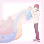  1boy baseball_cap border brown_hair brown_pants buttons closed_eyes closed_mouth commentary_request from_side hands_up hat highres jacket lapras long_sleeves male_focus pants pink_border pokemon pokemon_(game) pokemon_sm pumpkinpan red_(pokemon) red_headwear shoes short_hair spiked_hair standing tiara veil white_footwear white_jacket 