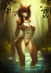  2022 5_fingers anthro breasts brown_body brown_fur brown_hair day detailed_background digital_media_(artwork) eyebrows eyelashes female fingers forest fur gaiawolfess grass hair hi_res midriff navel outside plant smile solo tree 