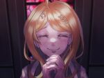  1girl ahoge akamatsu_kaede bangs blonde_hair closed_eyes closed_mouth commentary_request crying danganronpa_(series) danganronpa_v3:_killing_harmony facing_viewer grey_shirt hair_ornament hands_up iwashi_(kamekazusa) long_hair musical_note_hair_ornament own_hands_together pink_vest portrait shiny shiny_hair shirt smile solo vest 