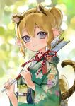  1girl animal_ears arrow_(projectile) bangs blonde_hair blurry blurry_background chinese_zodiac closed_mouth commentary day depth_of_field fake_animal_ears fake_tail floral_print green_kimono grey_eyes hamaya holding holding_arrow japanese_clothes kimono long_sleeves looking_at_viewer new_year obi octoling outdoors pointy_ears print_kimono sash short_hair short_ponytail smile solo splatoon_(series) standing tail tentacle_hair tiger_ears tiger_tail ume_(plumblossom) upper_body wide_sleeves year_of_the_tiger 