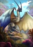  ambiguous_gender beak blue_body blue_membrane blue_scales blurred_background capcom claws cloud day dragon duo feral flying_wyvern hi_res horn legiana long_neck membrane_(anatomy) membranous_wings monster_hunter outside perched plant raironu rock scales scalie shaded signature sky solo_focus tan_body tan_scales text toe_claws tree url video_games wing_claws wings wyvern yellow_eyes 