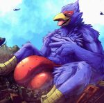  absurd_res aircraft airplane anthro avian bird blue_body bulge city clothing destruction falco_lombardi helicopter hi_res macro male mrjimmydafloof nintendo sitting solo speedo star_fox swimwear video_games 