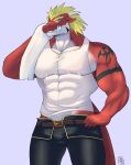  abs anthro arm_tattoo belt blonde_hair clothed clothing delga digital_media_(artwork) dragon exsys fangs grey_background hair hi_res horn humanoid lizard male muscular muscular_male reptile scalie simple_background solo tattoo towel western_dragon 