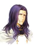  1boy berserker_(fate/zero) capelet changye cross_ornament fate/zero fate_(series) lancelot_(fate/zero) long_hair male_focus portrait purple_eyes purple_hair solo wavy_hair 