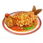  artist_request cherry_tomato commentary english_commentary fish fish_(food) food food_focus garnish genshin_impact leaf lowres no_humans official_art plate sauce sesame_seeds still_life third-party_source tomato transparent_background 