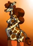  anthro areola breasts brown_areola brown_hair butt clothing female footwear giraffe giraffid hair hi_res horn looking_back mammal orange_eyes ossicone queenlem socks solo 