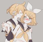  bare_shoulders bass_clef blonde_hair blush bow collarbone colored_eyelashes detached_sleeves embarrassed green_eyes hair_bow hair_ornament hairclip headphones headset holding_hands imminent_kiss interlocked_fingers kagamine_len kagamine_rin looking_at_another looking_to_the_side neckerchief necktie nervous parted_lips sailor_collar sakanashi shirt sketch sleeveless sleeveless_shirt treble_clef vocaloid yellow_neckerchief yellow_necktie 
