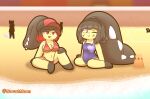  background_character barefoot beach bikini black_hair blue_clothing breasts clothed clothing duo fangs feet female hair hand_on_leg hi_res mawile multicolored_clothing nintendo nova0moon one-piece_swimsuit outside pok&eacute;mon pok&eacute;mon_(species) public purple_eyes red_clothing red_eyes safe_(disambiguation) sand_castle sculpture seaside shadow short_hair spread_legs spreading swimwear video_games water yellow_body 