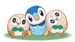  animal_focus black_eyes blue_eyes closed_mouth commentary_request creature head_tilt no_humans official_art piplup pokemon pokemon_(creature) project_pochama rowlet sitting smile white_background 