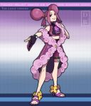  1girl bike_shorts coat commentary copyright_name double_bun dreambig dynamax_band eyelashes eyeshadow fantina_(pokemon) full_body gloves hand_up high_heels highres knees long_hair makeup off_shoulder parted_lips partially_fingerless_gloves pokemon pokemon_(game) pokemon_dppt purple_coat purple_eyeshadow purple_footwear purple_hair red_eyes shirt single_glove sleeveless sleeveless_shirt smile solo standing toes watermark 