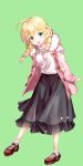  1girl :d ahoge arm_behind_back black_skirt blonde_hair braid brown_footwear fujima_takuya full_body fur-trimmed_jacket fur_trim green_background green_eyes highres jacket laki_station long_hair long_sleeves looking_at_viewer medium_hair nijikawa_laki pink_jacket shoes simple_background skirt smile solo standing twin_braids 