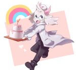  &lt;3 2_horns anthro black_boots black_bottomwear black_clothing black_footwear black_pants boots bottomwear bovid cake candle caprine clothed clothing deltarune dessert eyewear floppy_ears food footwear fur glasses goat hi_res horn kakrita looking_at_viewer male mammal open_mouth open_smile pants pink_horn rainbow ralsei running simple_background smile solo undertale_(series) video_games white_body white_fur 