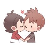  2boys bangs brown_hair chase_(pokemon) chibi closed_eyes commentary_request hachi_(hachi_sin) heart holding_hands jacket kiss lowres male_focus multiple_boys pokemon pokemon_(game) pokemon_lgpe shirt short_hair short_sleeves solid_oval_eyes trace_(pokemon) yaoi 