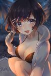  1girl :d artist_name bangs beach bikini black_bikini black_hair blush bob_cut breasts cleavage collarbone commentary hair_ornament hairclip hanekawa_tsubasa highres hood hood_down hoodie large_breasts looking_at_viewer monogatari_(series) night night_sky ocean open_mouth outdoors palm_tree playing_with_own_hair purple_eyes romaji_text rossia short_hair signature sky smile solo squatting star_(sky) starry_sky swimsuit translated tree white_hoodie 