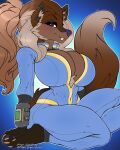  2022 anthro bethesda_softworks big_breasts blush breasts brown_body brown_fur brown_hair canid canine canis cheek_tuft chest_tuft cintia claws cleavage clothed clothing cosplay digital_media_(artwork) ear_piercing eyelashes facial_tuft fallout fangs feet female fur hair hand_on_foot hi_res huge_breasts inner_ear_fluff kneeling long_hair looking_at_viewer mammal mane morgan_gorgon multicolored_hair pawpads piercing ponytail purple_eyes purple_pawpads smile solo thick_thighs tuft vault_suit video_games wolf 
