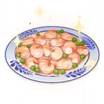  artist_request commentary english_commentary food food_focus genshin_impact lowres no_humans official_art peas plate shrimp sparkle still_life third-party_source transparent_background 