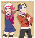  1boy 1girl backwards_hat baseball_cap black_hair black_pants blue_overalls blush border bow brown_background brown_eyes brown_hair cabbie_hat closed_mouth commentary_request ethan_(pokemon) framed grey_eyes hand_on_hip hat hat_bow holding holding_poke_ball jacket long_hair long_sleeves lyra_(pokemon) overalls pants poke_ball poke_ball_(basic) pokemon pokemon_(game) pokemon_hgss pumpkinpan red_bow red_jacket red_shirt shirt short_hair smile split_mouth thighhighs twintails white_border white_headwear white_legwear 