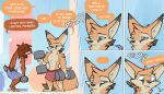  ... 2022 anthro auden_(zhanbow) barefoot blue_eyes bottomwear brown_body brown_fur canid canine clothed clothing comic dialogue digital_media_(artwork) dipstick_ears duo english_text feet fennec fox fur hi_res lagomorph leporid male mammal multicolored_ears rabbit shirt shorts speech_bubble standing tank_top text topless topwear zhanbow 