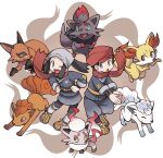  1boy 1girl akari_(pokemon) alolan_vulpix black_hair black_legwear black_shirt commentary_request eyelashes fennekin floating_hair grey_eyes grey_headwear grey_jacket grey_pants grey_skirt hat head_scarf highres hisuian_zorua jacket long_hair loose_socks nickit one_eye_closed open_mouth pants pantyhose pokemon pokemon_(creature) pokemon_(game) pokemon_legends:_arceus ponytail red_headwear red_scarf rei_(pokemon) sash scarf shirt shoes sidelocks skirt sutokame teeth tongue upper_teeth vulpix zorua 