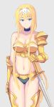  1girl alice_zuberg armor bangs bikini_armor black_panties blonde_hair blue_eyes body_armor breasts frown gold_armor hair_intakes hairband hao718 highres knight long_hair looking_at_viewer navel panties sidelocks solo sword sword_art_online sword_art_online:_alicization underwear very_long_hair weapon white_hairband 