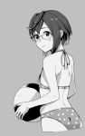  1girl ball bangs banned_artist beachball bikini blush cropped_legs glasses greyscale holding holding_ball kantai_collection makio_(makiomeigenbot) monochrome official_alternate_costume okinami_(kancolle) polka_dot polka_dot_bikini short_hair simple_background smile solo swimsuit 