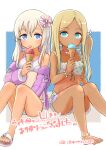  2girls anklet bangs barefoot bead_anklet bead_bracelet beads bikini blonde_hair blue_eyes blush bow bracelet commission crossover earrings flat_chest food hair_between_eyes hair_bow ice_cream ice_cream_cone idolmaster idolmaster_cinderella_girls jacket jewelry kantai_collection layla_(idolmaster) long_hair long_sleeves looking_at_viewer multiple_girls necklace official_alternate_costume one_side_up open_clothes open_jacket pink_jacket polka_dot polka_dot_bikini ro-500_(kancolle) sandals simple_background sitting skeb_commission someno_haru swimsuit tan tanlines tongue tongue_out twitter_username two-tone_background white_bikini white_hair 