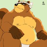  2022 anthro belly black_nose canid canine clothing hi_res humanoid_hands male mammal navel nipples nookdae overweight overweight_male raccoon_dog simple_background sitting solo tanuki underwear yamamoto_seifun 