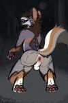  2020 alternate_version_at_source anthro anus backsack balls brown_body brown_fur brown_hair butt canid canine canis claws colored coyote detailed_background fangs forest fur genitals grey_body grey_fur hair half-closed_eyes hi_res kneeling looking_at_viewer male mammal meldritcharts multicolored_body multicolored_fur narrowed_eyes open_mouth pawpads paws plant presenting presenting_hindquarters raised_tail shaded solo tongue tongue_out tree unknown_character watermark white_body white_fur 