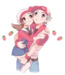  1boy 1girl alternate_color blue_overalls brown_eyes brown_hair cabbie_hat carrying closed_mouth commentary_request eyelashes food fruit hat highres jacket long_hair lyra_(pokemon) overalls pokemon pokemon_(game) pokemon_frlg pokemon_hgss pumpkinpan red_(pokemon) red_shirt shirt smile strawberry thighhighs twintails white_background white_headwear white_legwear wristband 