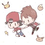  2boys :d backpack backwards_hat bag bangs baseball_cap brown_eyes brown_hair chase_(pokemon) commentary_request eevee green_pants grey_shirt grey_shorts hachi_(hachi_sin) hat holding_hands jacket leg_up male_focus multiple_boys open_mouth pants parted_lips pikachu pokemon pokemon_(game) pokemon_lgpe red_headwear shirt shoes short_hair short_sleeves shorts smile solid_oval_eyes strap trace_(pokemon) 