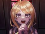  1girl :d ahoge akamatsu_kaede bangs blonde_hair commentary_request crying danganronpa_(series) danganronpa_v3:_killing_harmony grey_shirt hair_ornament hands_up iwashi_(kamekazusa) long_hair looking_at_viewer musical_note_hair_ornament open_mouth own_hands_together pink_eyes pink_vest portrait shiny shiny_hair shirt smile solo teeth upper_teeth vest 