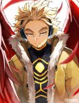  1boy blonde_hair boku_no_hero_academia costume facial_hair facial_mark feathered_wings feathers fur-trimmed_jacket fur_trim goatee hawks_(boku_no_hero_academia) haze headphones high_collar highres jacket light_particles light_rays looking_at_viewer male_focus narrowed_eyes open_clothes open_jacket red_feathers red_wings serious shadow shirt short_hair skin_tight solo stubble tight tight_shirt tonbanlove twitter_username upper_body wings yellow_eyes 
