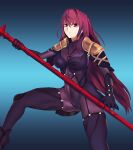  1girl absurdres armor bangs bodysuit breasts cleavage fate/grand_order fate_(series) gae_bolg_(fate) hair_between_eyes hair_intakes high_heels highres holding large_breasts long_hair looking_at_viewer navel polearm purple_hair red_eyes scathach_(fate) solo spear user_hpff8377 very_long_hair weapon 